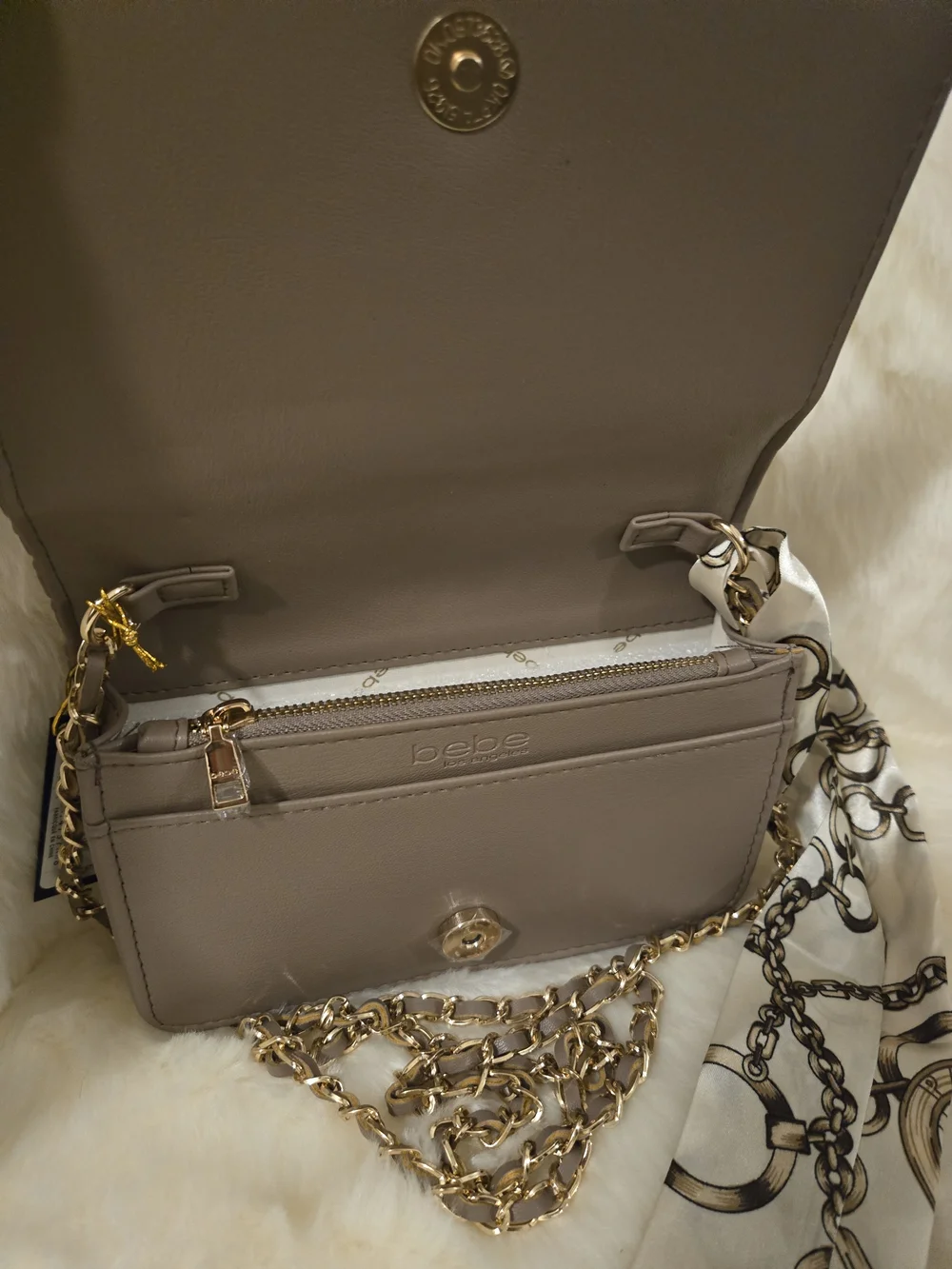 BEBE Woven Chain-Accent Shoulder Bag in Taupe